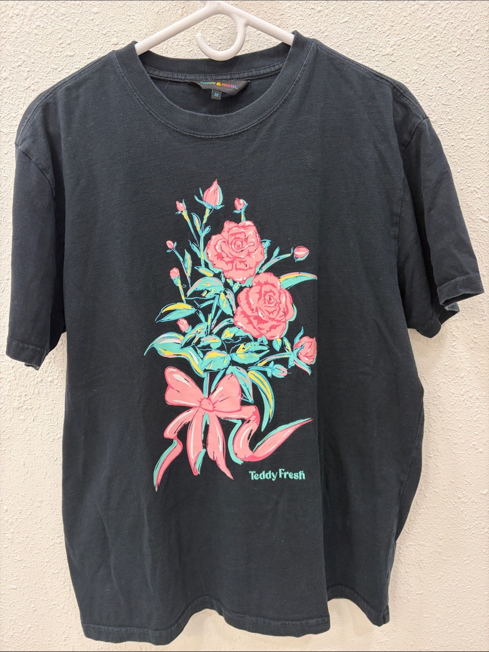 Teddy Fresh Black Tee with Pink Floral Bouquet and Bow